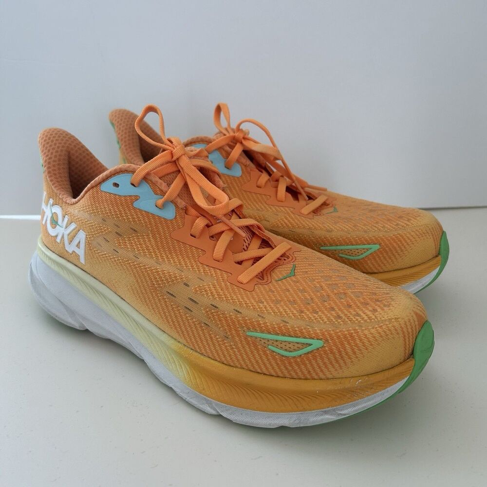 Hoka Clifton 9 Mens Size 10.5 2E Wide Road Running Walking Shoes Orange Lace Up
